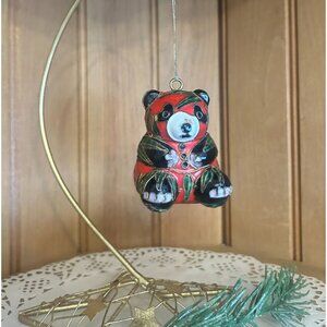 Vintage Cloisonne Enamel Panda Bear Christmas Ornament Red/Black/Green Gold Leaf